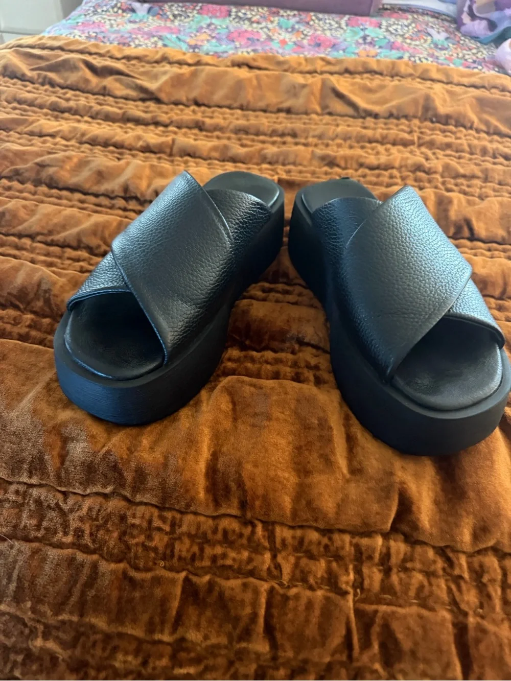 Anthropologie Black Leather Crisscross Slide Sandals